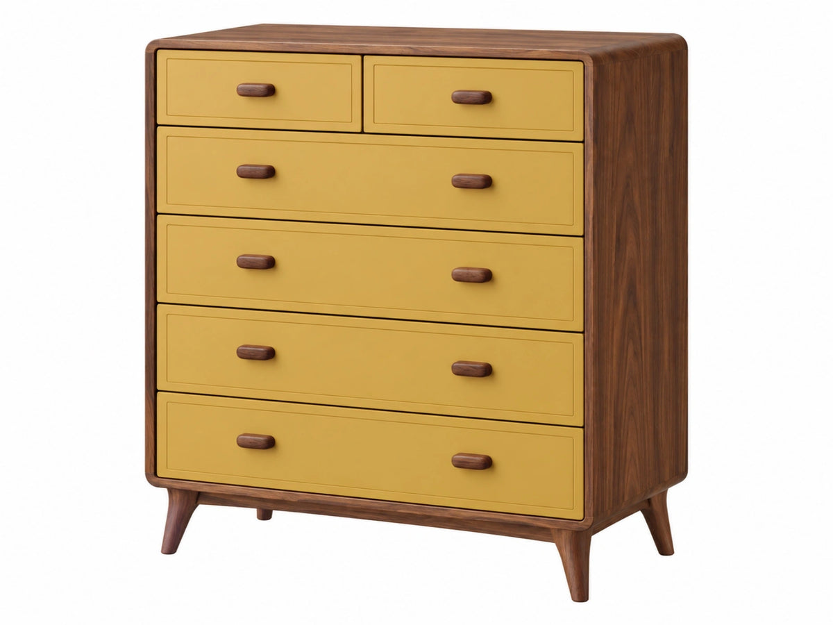 Cassettiera 100 x 45 x 120 cm in legno noce e giallo - sei cassetti stile moderno