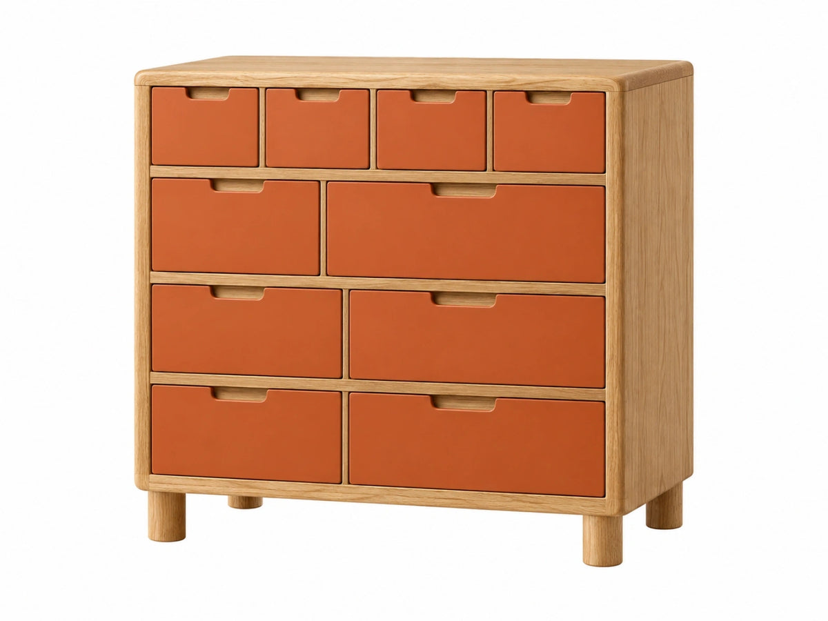 Cassettiera 120 x 45 x 120 cm in legno naturale e arancione - 10 cassetti stile moderno
