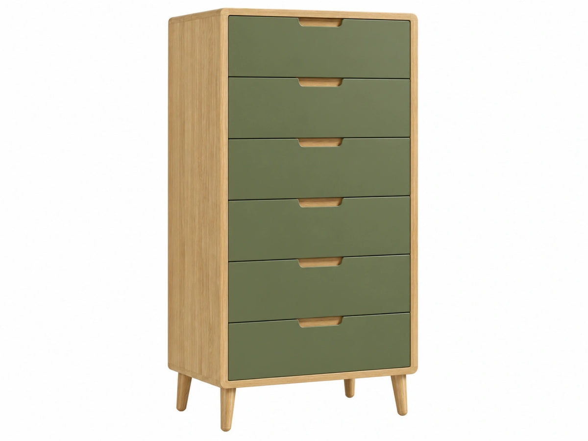 Cassettiera 60 x 40 x 120 cm in legno verde oliva - sei cassetti stile nordico