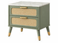 Comodino 50 x 40 x 55 cm verde salvia con rattan e piano effetto marmo - 2 cassetti
