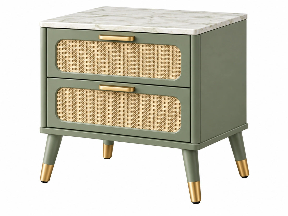 Comodino 50 x 40 x 55 cm verde salvia con rattan e piano effetto marmo - 2 cassetti
