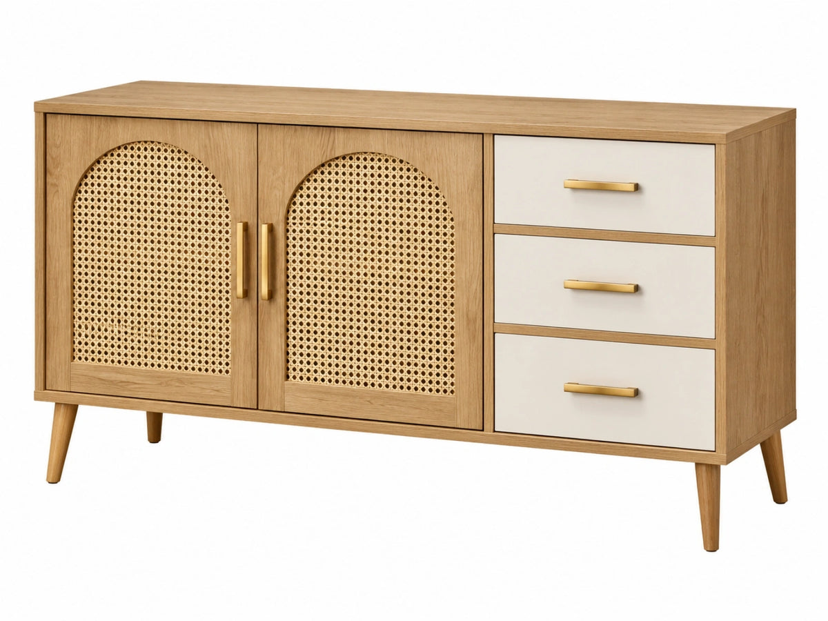 Credenza 140 x 40 x 80 cm in legno naturale e rattan con 3 cassetti stile retrò