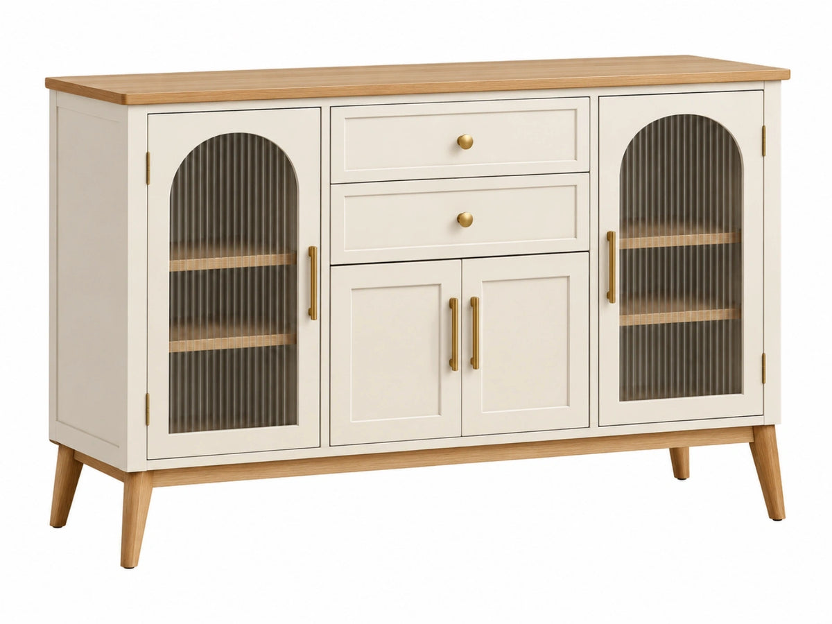 Credenza 150 x 40 x 90 cm in legno beige con ante in vetro scanalato stile moderno