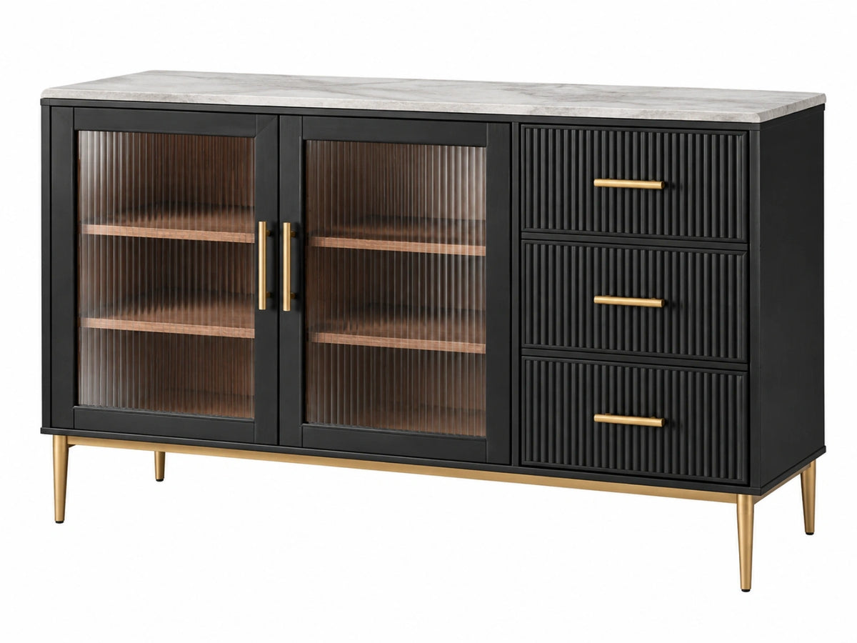 Credenza 160x40x85 cm in legno nero con vetro scanalato e piano effetto marmo - contenitore moderno