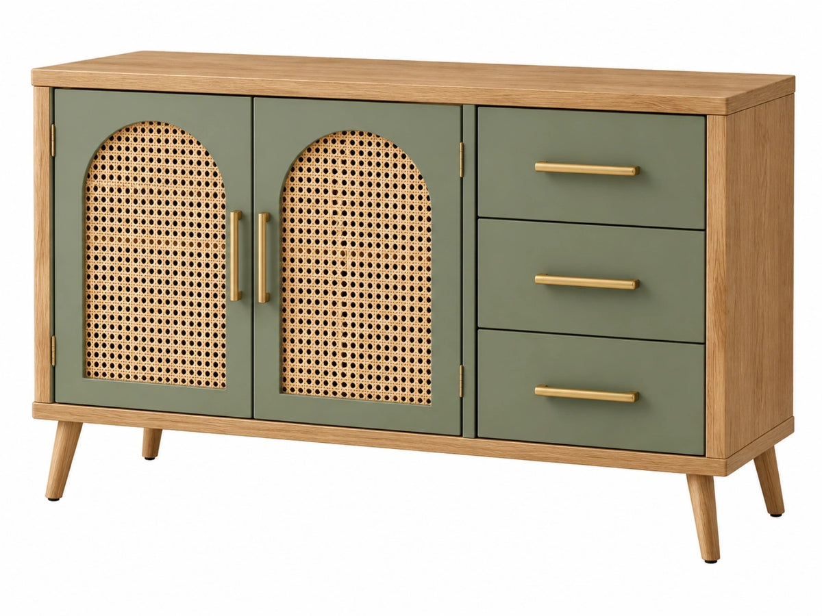 Credenza 120x40x80 cm in legno e rattan verde salvia con 3 cassetti