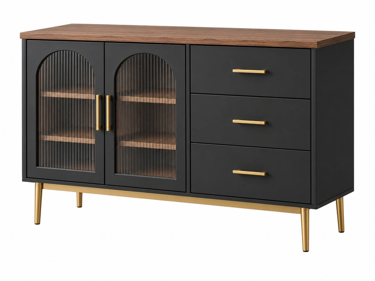 Credenza 160 x 40 x 90 cm in legno nero e noce con vetro scanalato - stile moderno