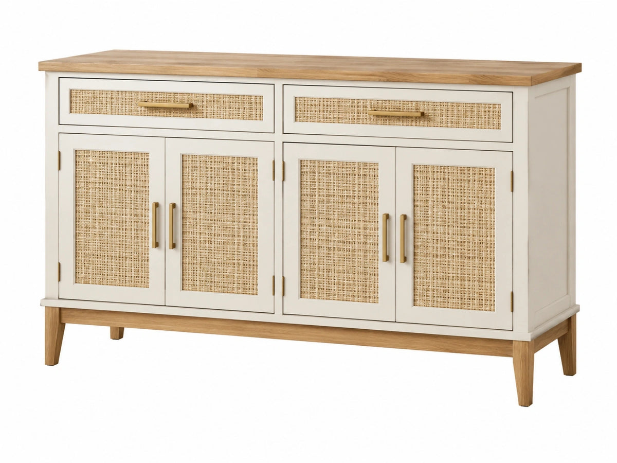 Credenza 160 x 40 x 85 cm in legno bianco e naturale con ante in rattan stile boho
