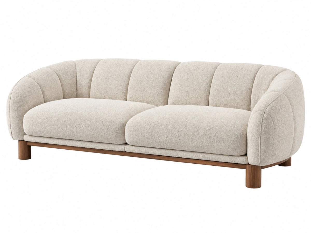Divano 3 posti 220 x 91 x 82 cm in tessuto bouclé crema con struttura in legno - stile curvo