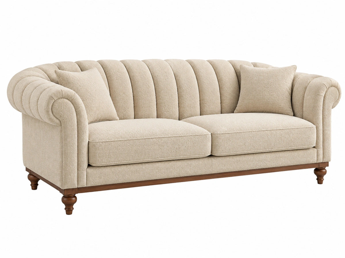 Divano 2 posti 190 x 90 x 88 cm in tessuto bouclé beige con piedi in legno stile classico