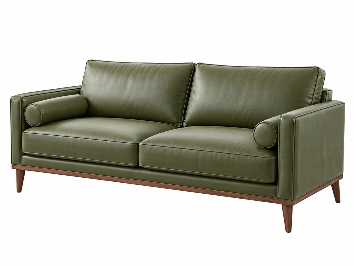 Divano 2 posti 180 cm in pelle verde oliva con piedi in legno - stile moderno