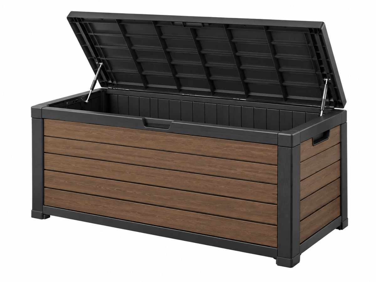 Cassapanca da esterno 152 x 73 x 70 cm in plastica marrone/nero con coperchio sollevabile