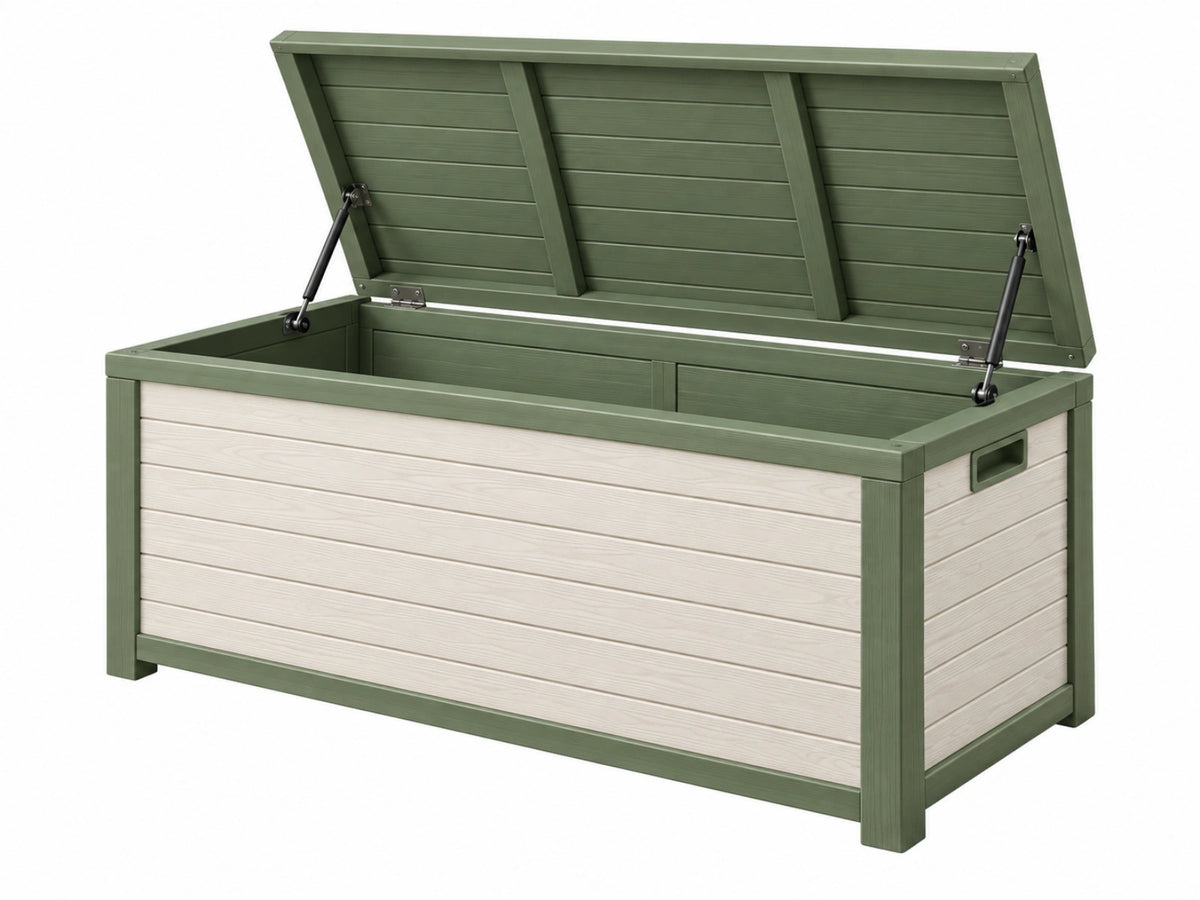 Cassapanca contenitore da esterno 120 cm x 55 cm x 63 cm in resina verde oliva e bianco con coperchio sollevabile
