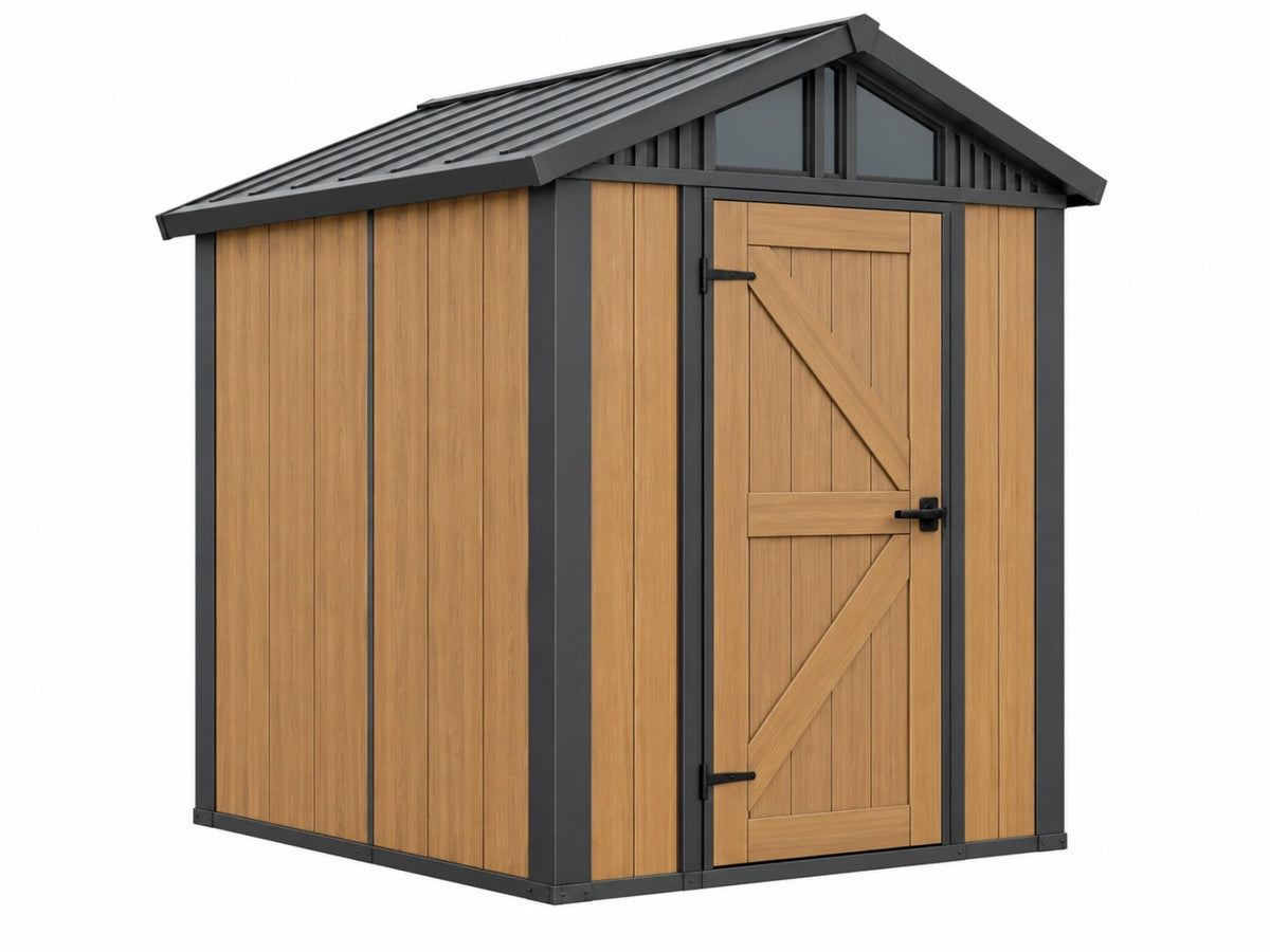 Casetta da giardino 200 x 150 x 210 cm effetto legno marrone con struttura in metallo e tetto a falde